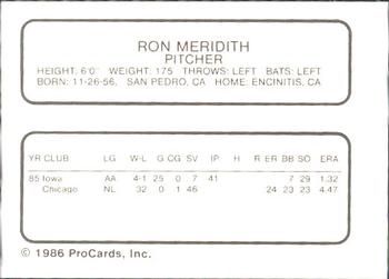 1986 ProCards Iowa Cubs #18 Ron Meridith Back