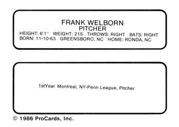 1986 ProCards Jamestown Expos #29 Frank Welborn Back