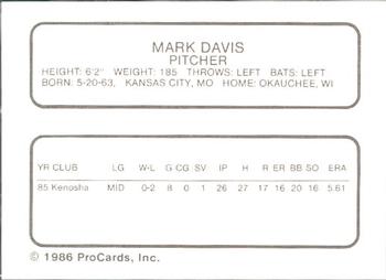 1986 ProCards Kenosha Twins #5 Mark Davis Back