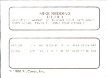 1986 ProCards Kenosha Twins #21 Mike Redding Back