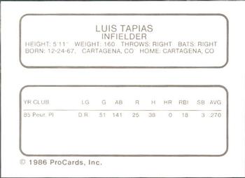 1986 ProCards Kenosha Twins #23 Luis Tapias Back