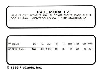 1986 ProCards Kinston Eagles #17 Paul Moralez Back