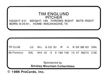 1986 ProCards Knoxville Blue Jays #NNO Tim Englund Back