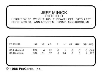 1986 ProCards Lakeland Tigers #NNO Jeff Minick Back