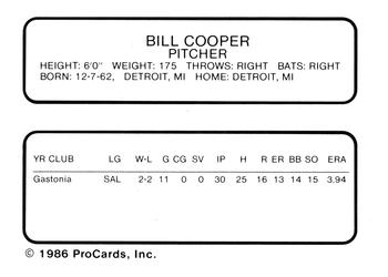 1986 ProCards Lakeland Tigers #NNO Bill Cooper Back