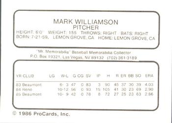 1986 ProCards Las Vegas Stars #24 Mark Williamson Back