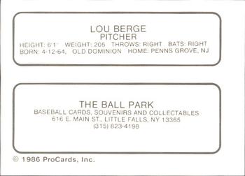 1986 ProCards Little Falls Mets #NNO Lou Berge Back