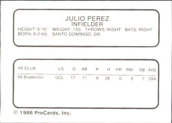 1986 ProCards Macon Pirates #19 Julio Perez Back