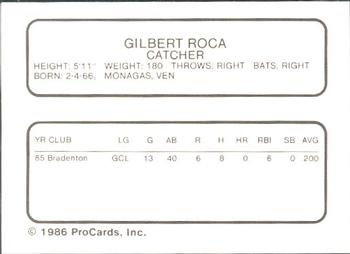 1986 ProCards Macon Pirates #21 Gilbert Roca Back