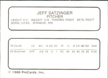 1986 ProCards Macon Pirates #22 Jeff Satzinger Back