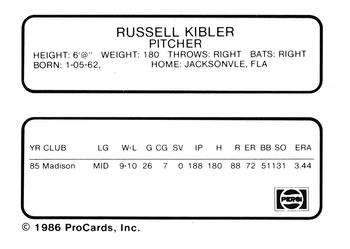 1986 ProCards Madison Muskies #13 Russell Kibler Back