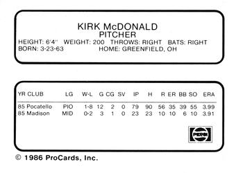 1986 ProCards Madison Muskies #14 Kirk McDonald Back