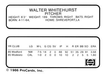 1986 ProCards Madison Muskies #27 Wally Whitehurst Back