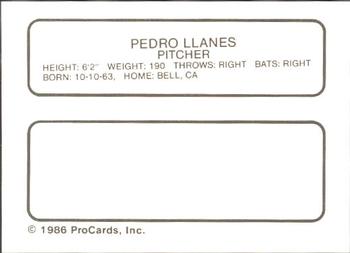 1986 ProCards Miami Marlins #16 Pedro Llanes Back