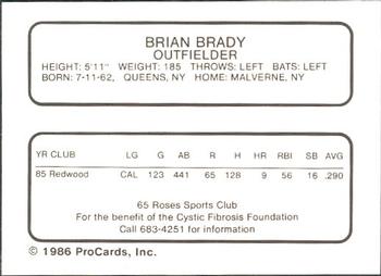 1986 ProCards Midland Angels #NNO Brian Brady Back