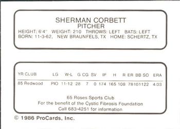 1986 ProCards Midland Angels #NNO Sherman Corbett Back