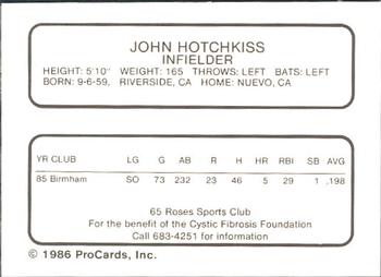1986 ProCards Midland Angels #NNO John Hotchkiss Back