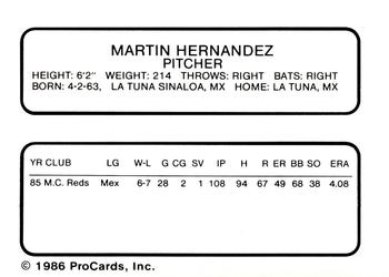 1986 ProCards Nashua Pirates #12 Martin Hernandez Back