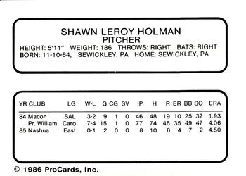 1986 ProCards Nashua Pirates #13 Shawn Holman Back