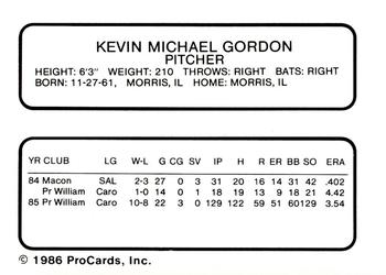 1986 ProCards Nashua Pirates #8 Kevin Gordon Back