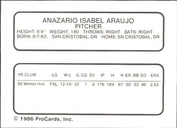 1986 ProCards New Britain Red Sox #NNO Andy Araujo Back