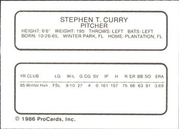 1986 ProCards New Britain Red Sox #NNO Steve Curry Back