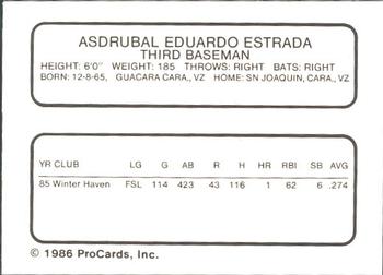 1986 ProCards New Britain Red Sox #NNO Eduardo Estrada Back