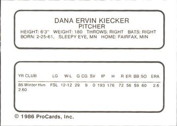 1986 ProCards New Britain Red Sox #NNO Dana Kiecker Back