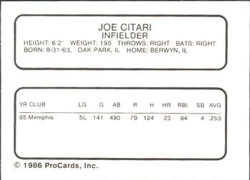 1986 ProCards Omaha Royals #NNO Joe Citari Back