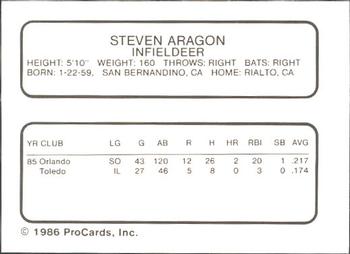 1986 ProCards Orlando Twins #1 Steve Aragon Back