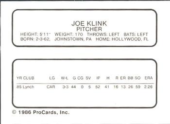 1986 ProCards Orlando Twins #9 Joe Klink Back