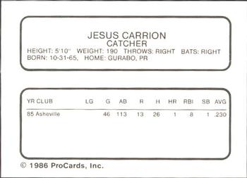 1986 ProCards Osceola Astros #NNO Jesus Carrion Back