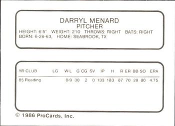 1986 ProCards Osceola Astros #NNO Darryl Menard Back