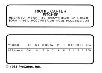 1986 ProCards Palm Springs Angels #6 Richie Carter Back