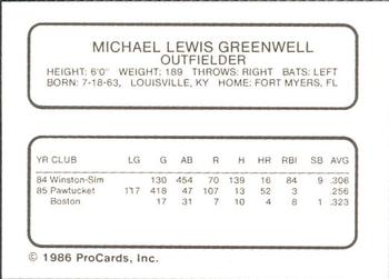 1986 ProCards Pawtucket Red Sox #NNO Mike Greenwell Back