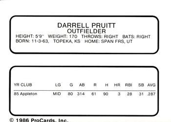 1986 ProCards Peninsula White Sox #21 Darrell Pruitt Back