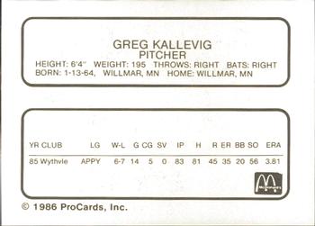 1986 ProCards Peoria Chiefs #NNO Greg Kallevig Back