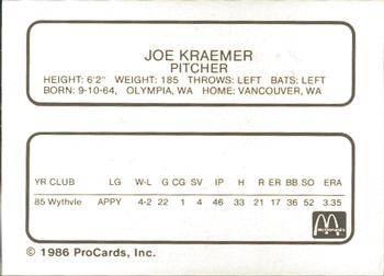 1986 ProCards Peoria Chiefs #NNO Joe Kraemer Back