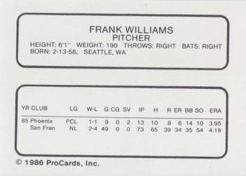1986 ProCards Phoenix Firebirds #NNO Frank Williams Back