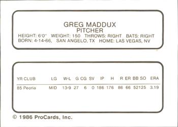 1986 ProCards Pittsfield Cubs #14 Greg Maddux Back