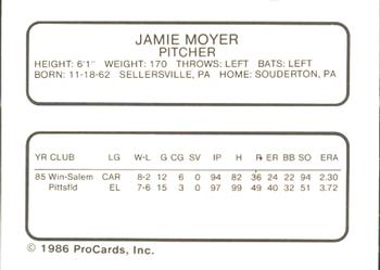 1986 ProCards Pittsfield Cubs #17 Jamie Moyer Back