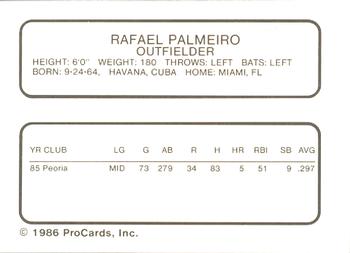 1986 ProCards Pittsfield Cubs #18 Rafael Palmeiro Back