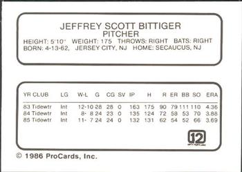 1986 ProCards Portland Beavers #NNO Jeff Bittiger Back