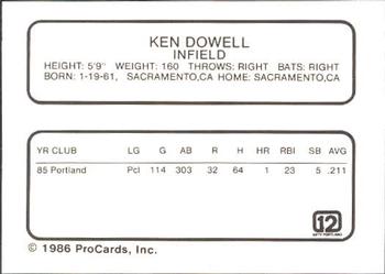 1986 ProCards Portland Beavers #NNO Ken Dowell Back