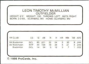 1986 ProCards Prince William Pirates #15 Tim McMillan Back