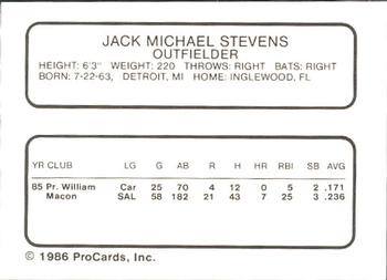 1986 ProCards Prince William Pirates #26 Mike Stevens Back