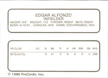 1986 ProCards Quad City Angels #1 Edgar Alfonzo Back