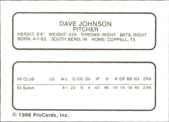 1986 ProCards Quad City Angels #15 Dave Johnson Back
