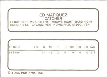 1986 ProCards Quad City Angels #21 Ed Marquez Back