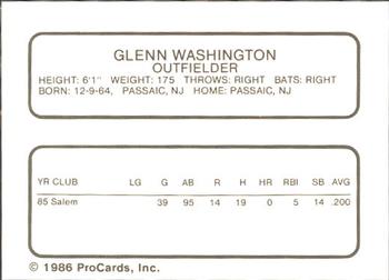 1986 ProCards Quad City Angels #31 Glenn Washington Back
